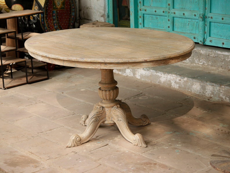 Traditional Light Finish Wooden Round Table Top Curved Carved Flat