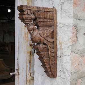 Set of 2 Traditional Vintage Antique Polish - Handmade Peacock Designed Authentic Southern India Wooden Door Bracket Artistry - Corbels