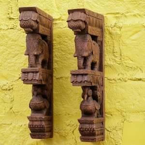 Set of 2 Corbel Traditional Vintage Carved Bird and Elephant Wall Décor Antique for Home