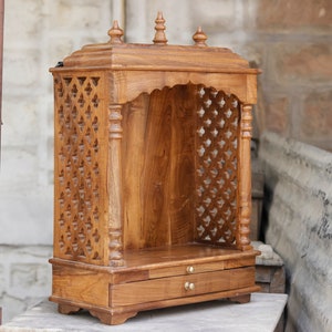 Natural Teak Finish with Top Gopuram Handmade 1 Drawer Alter for Home