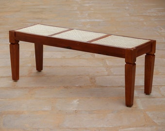 Handcrafted Solid Wood Classical Cane Bench - Vintage-Inspired Seating for Elegant Living Spaces