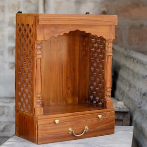 Teak Style Wooden Handmade Jali Designed 1 Drawer Alter for Home
