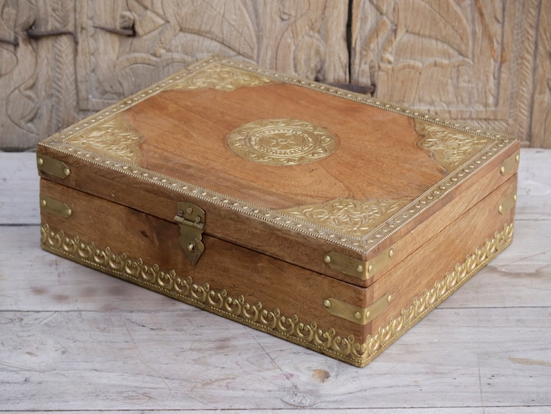 Traditional Solid Wood Box with Brass Fittings: A Timeless Gift of Elegance image 1