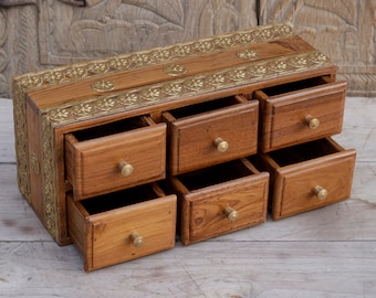 Charming Six-Drawer Wooden Organizer with Brass Fittings: A Stylish Desk Accessory
