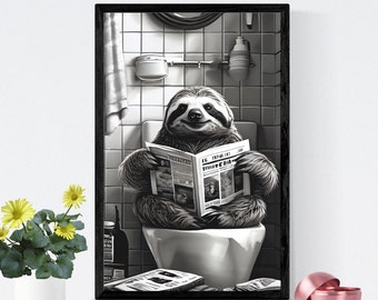 Sloth Sitting on the Toilet Reading a Newspaper, Funny Bathroom Humor, Wall Decor, Funny Animal Print, Black and White, 300 Dpi