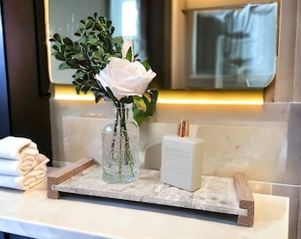 Marble vanity tray with wood handles stand