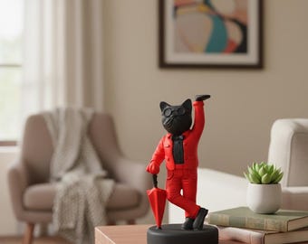Dapper Cat-standbeeld met paraplu – 3D-geprint heerbeeldje, modern interieur