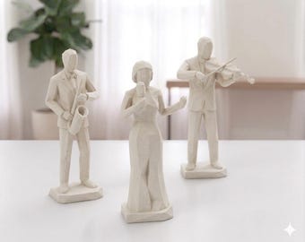 Standbeeldset jazzband, minimalistische muzikantbeeldjes, decor saxofoonzanger, Low Poly-kunstsculptuur