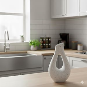 May include: A speckled white ceramic vase with a distinctive teardrop-shaped opening. The vase has a contemporary design and is displayed on a light-coloured wooden surface in a kitchen. The vase is approximately 30 cm tall.