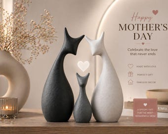 Moderne beeldenset kattenfamilie, minimalistisch huisdecor, hartontwerp, 3D-geprinte beeldjes