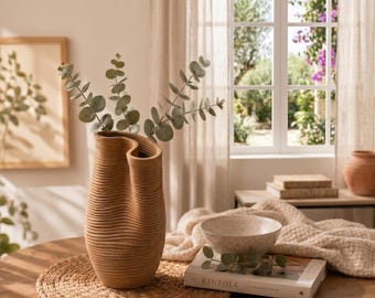 Moderne 3D-geprinte opgerolde vaas, Japandi minimalistisch decor, sculpturale PLA-vaas