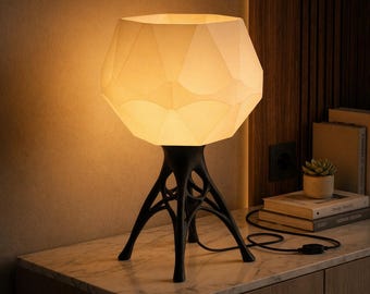 3D-geprinte tafellamp met organische vorm, modern minimalistisch interieur