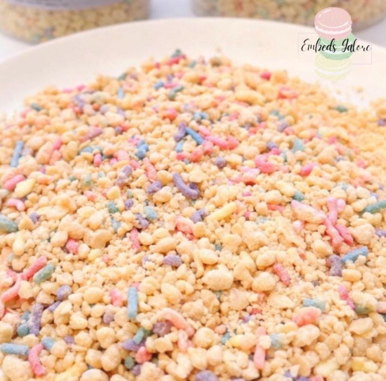 Close-up of birthday cake wax crumble embeds with pastel sprinkle pieces spread across a white plate, branded Embeds Galore, photographed on a clean white background.