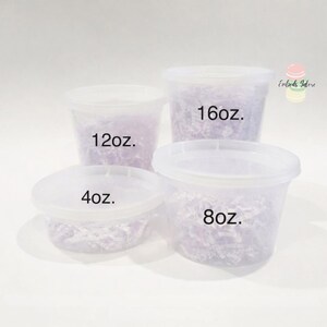 Clear plastic containers in four sizes—4oz, 8oz, 12oz, and 16oz—arranged on a white background for size comparison.