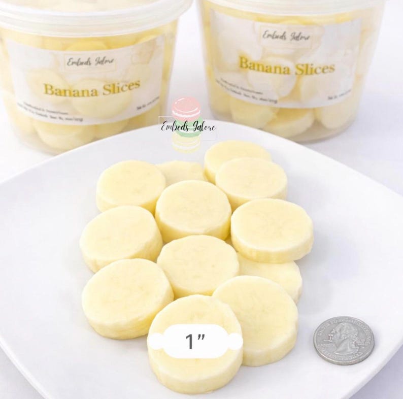 Banana slice wax embeds for candles and wax melts with 1 inch size reference.