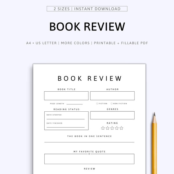 Book Review Page Printable and Fillable PDF | Book Review Template | Book Review Sheet | Book Study Guide | Book Club Guide | A4 | US Letter