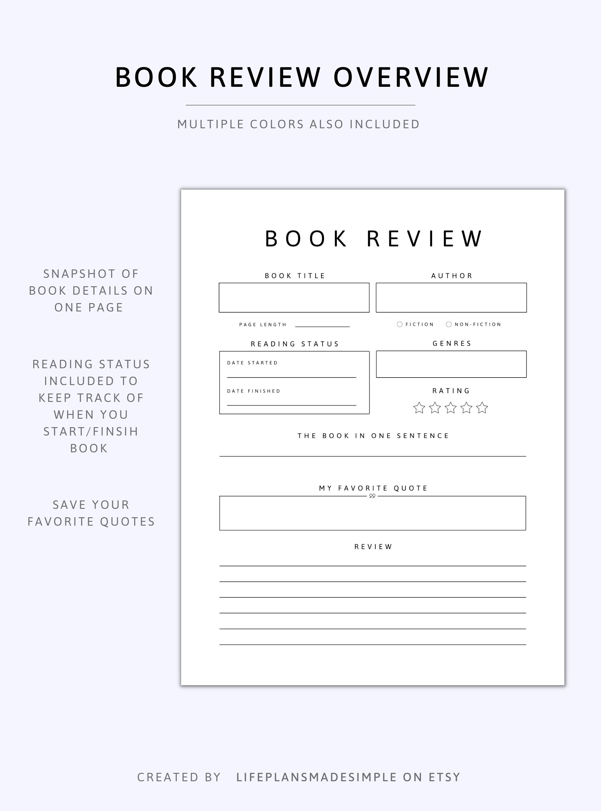 Book Review Page Printable and Fillable PDF | Book Review Template ...