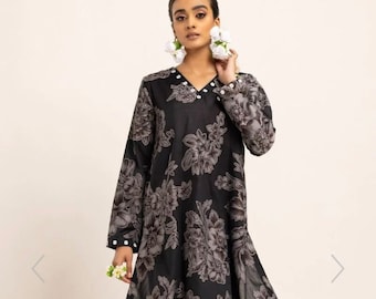 Black Broshia Jacquard Kurti Shirt by Khaadi, Indian Pakistani Clothing Designer Collection, Cotton Women Tops Maxi Dress Shirt