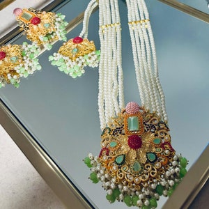 Heavy Nauratan Maala Earrings Tikka/ Multicolor Rani Haar Pearl Set/ Indian Pakistani Jewelry/ Pakistani Earrings Mala Teeka/ South Asian
