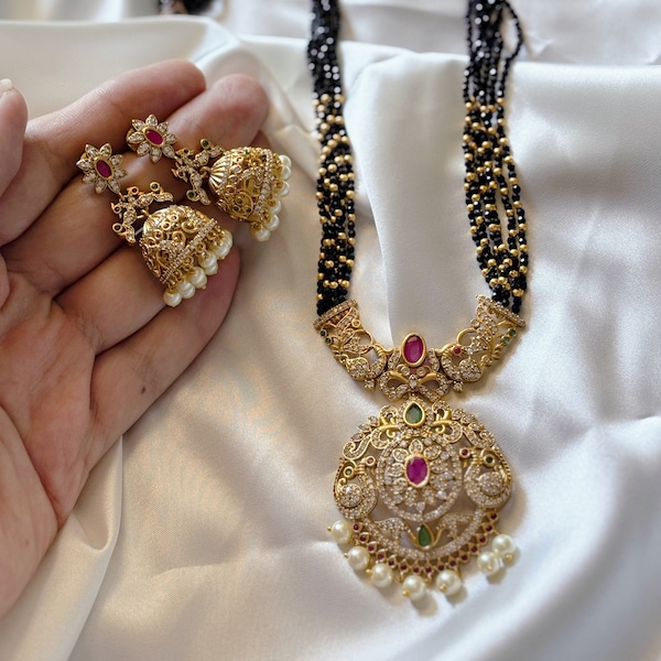 One Gram Gold Maala Set, Indian Jadau Earrings, Black beaded Mala and Earrings