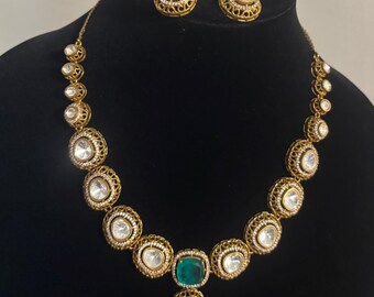 Victorian Sabyasachi inspired Teal Turquoise Moissanite Polki Kundan Necklace-Indian Bridal Jewelry-Bollywood Designer Statement Necklace