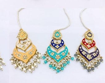 Meenakari Two Layered Chaandbali Jhumkas, Jhumki Earrings with Saharay, Desi Indian Pakistani Dangle Earrings, Trendy Bollywood Jhumka