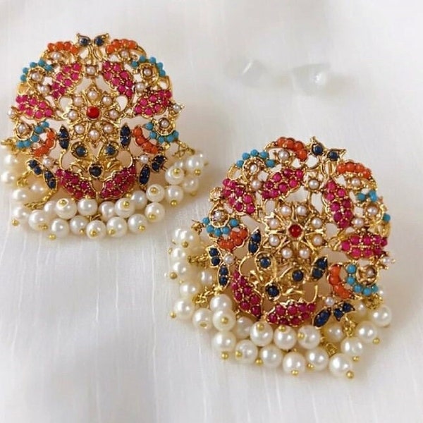 Navratan Pearl Earrings/ Jhumka Earrings/ Indian Pakistani Nauratan Earrings/ Indian Pakistani Bengali Shaadi Wedding Jewelry