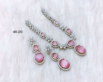 Silver Pink CZ Necklace Set-Cubic Zirconia Necklace-Indian Pakistani Jewelry-Perfect for Weddings,Proms & Special Occasions