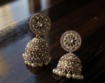 Traditional Kundan Pearl Jhumka Earrings | Indian Ethnic Wedding Jewelry | Gold Plated Statement Earrings