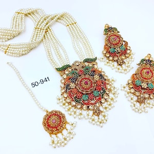 Luxurious Nauratan Maala Earrings Tikka Set-Navratan Indian Pakistani Jewelry-Rani Haar with Jhumkas and Tikka-Trendy Jewelry for Her