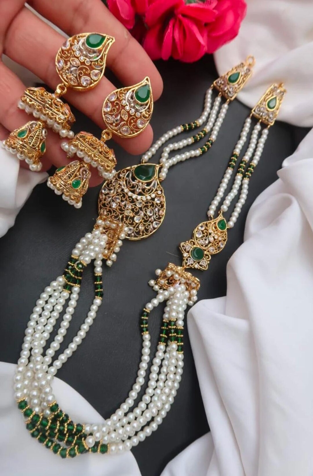 Kundan Long Maala Earrings Set, Pakistani Rani Haar Mala With Jhumka ...