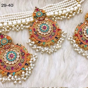 Nauratan Bridal Necklace Earrings Set, Freshwater Pearls Wedding Jewelry, Navratan Jhumka Earrings with Choker Necklace