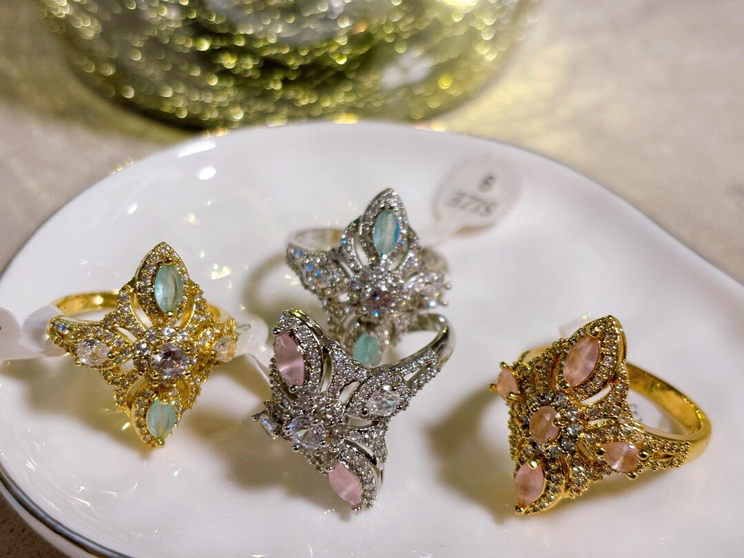 Pakistani Indian Punjabi CZ Rings Green Pink Gold Statement Engagement ...