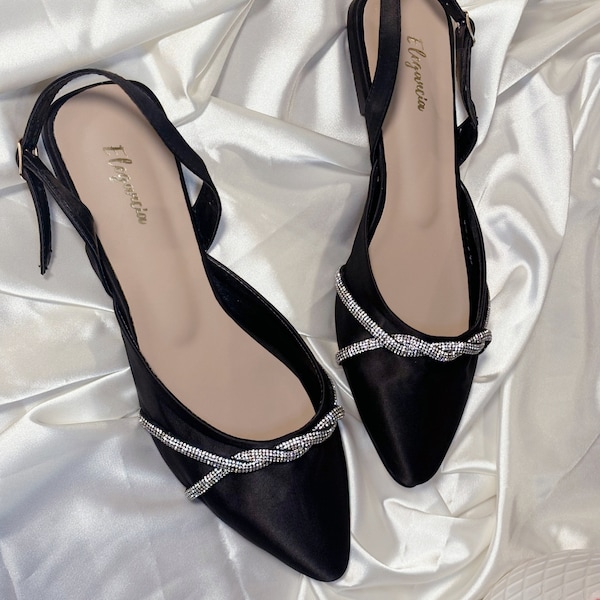 Black Pointed Toe Pumps Flat Shoes, Ladies Strappy Flats Slip On Shoes, Lightweight Ankle Strap Sandals, Women Mules