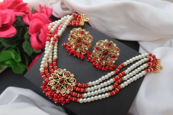 Pakistani Indian Gold Plated Pearl Choker Necklace Bollywood Fashion  Jewelry Set