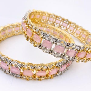 Pink Gold Mint Green American Diamond Bangles Set | Handcrafted Bangles for Women