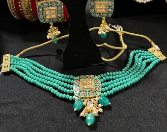 Turquoise Multi Layered Necklace and Earrings/Indian Kundan Choker Necklace/ Trendy Indian Pakistani Jewelry/ Bollywood Earrings
