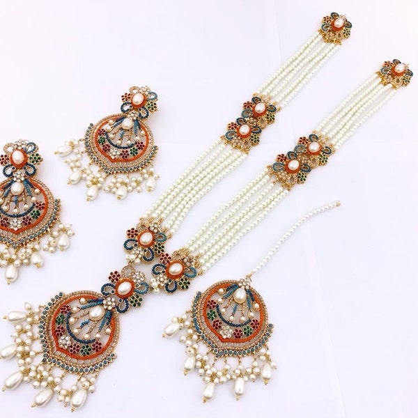 Hyderabadi Maala Set/ Nauratan Mala Tika Earrings Set/ Indian Pakistani Shaadi Jewelry Wedding/ Bollywood/South Asian Bengali Muslim Halal