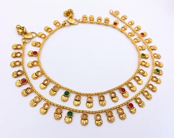 Goudkleurige Kundan Payal-enkelband: traditionele Pakistaanse/Indiase bruidsenkelband: voetsieraden voor bruiloften en festivals