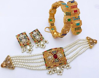 Nauratan Choker Earrings Bangles/ Multicolor Pearl Necklace Set/ Navratan Choker Set/ Indian Pakistani Shaadi Wedding Bridal Jewelry