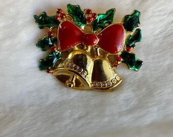Vintage AAI Christmas Jingle Bells Red Enamel Bow Green Holly Stamped Brooch Pin