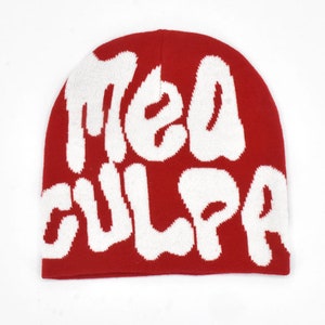 Bonnet Mea Culpa Beanie Y2K, doux et confortable Red and white