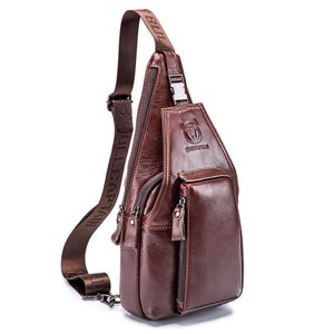 Leather Chest bag for women, Crossbody chest bag for women and men, pocket crossbody bag, zipper crossbody front bag Brown
