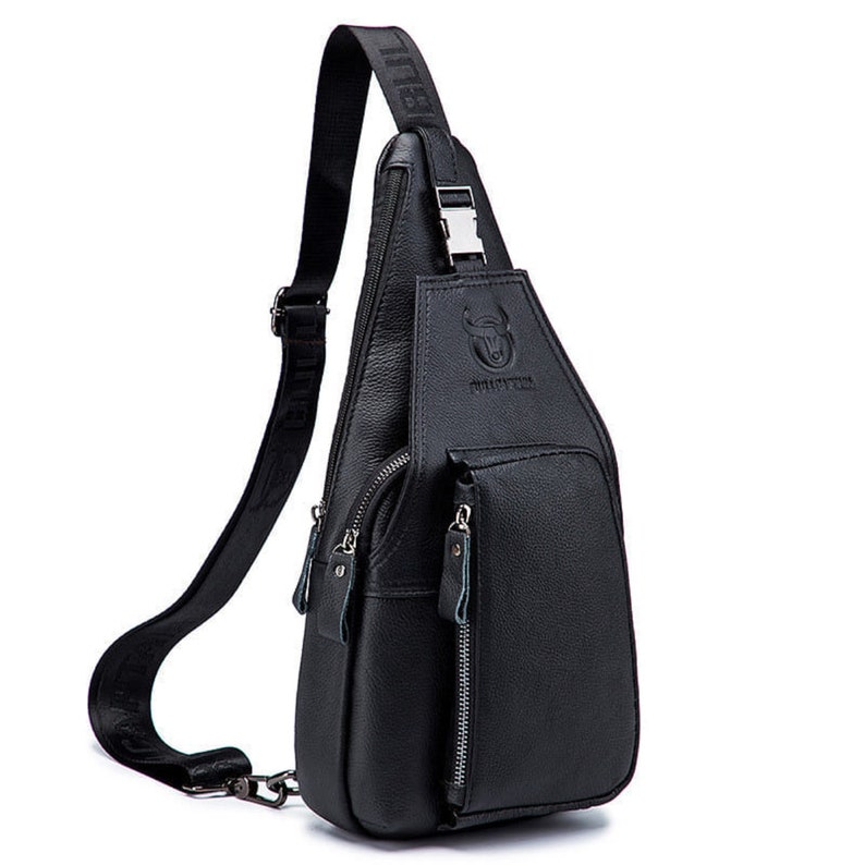 Leather Chest bag for women, Crossbody chest bag for women and men, pocket crossbody bag, zipper crossbody front bag Black