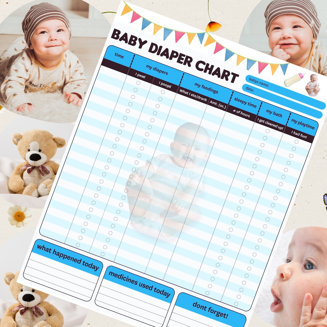 Printable Diaper Changing Log, Diaper Changing Chart, Diaper Changing