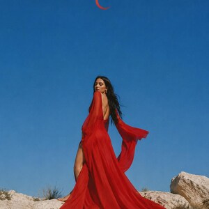 Puede incluir: Un vestido rojo largo hasta el suelo con mangas largas y fluidas y una abertura lateral alta. El vestido presenta una espalda descubierta y una falda larga con cola hecha de tela transparente. Una pequeña luna creciente roja se ve en el cielo.