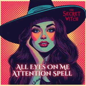 Op de afbeelding: Pop-art illustratie van een vrouw met groene huid, die een zwarte heksenhoed draagt. De afbeelding heeft een halftone stippenpatroon op de achtergrond. Tekst luidt "The Secret Witch" en "All Eyes On Me Attention Spell".