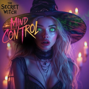 May include: Digital art of a woman with glowing green eyes, wearing a black witch hat and a dark outfit. The text "The Secret Witch" and "Mind Control" are overlaid on the image, with a purple and pink color scheme.