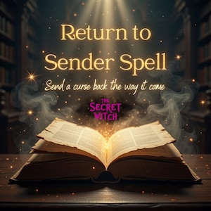 May include: An open, aged book with glowing pages sits on a wooden table. The text "Return to Sender Spell" is above the book, with "Send a curse back the way it came" below. The words "The Secret Witch" are also visible. Smoke and light rays emanate from the book.