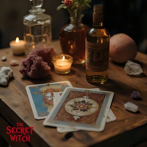 May include: A still life arrangement featuring tarot cards, candles, and a bottle of liquid with a decorative label. The cards have detailed illustrations. The scene is set on a wooden surface, with crystals and a small vase of flowers.